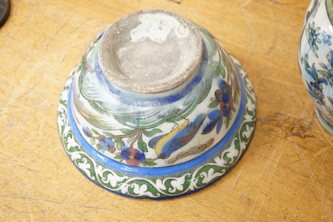 A Persian bird painted fritware lobed vase, 19.5cm high and a similar bowl, Qajar dynasty (2)